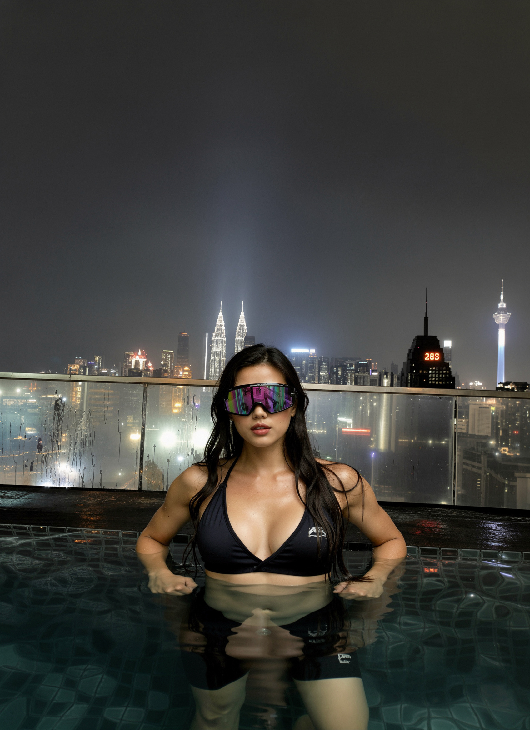Woman in Rooftop Pool at Night