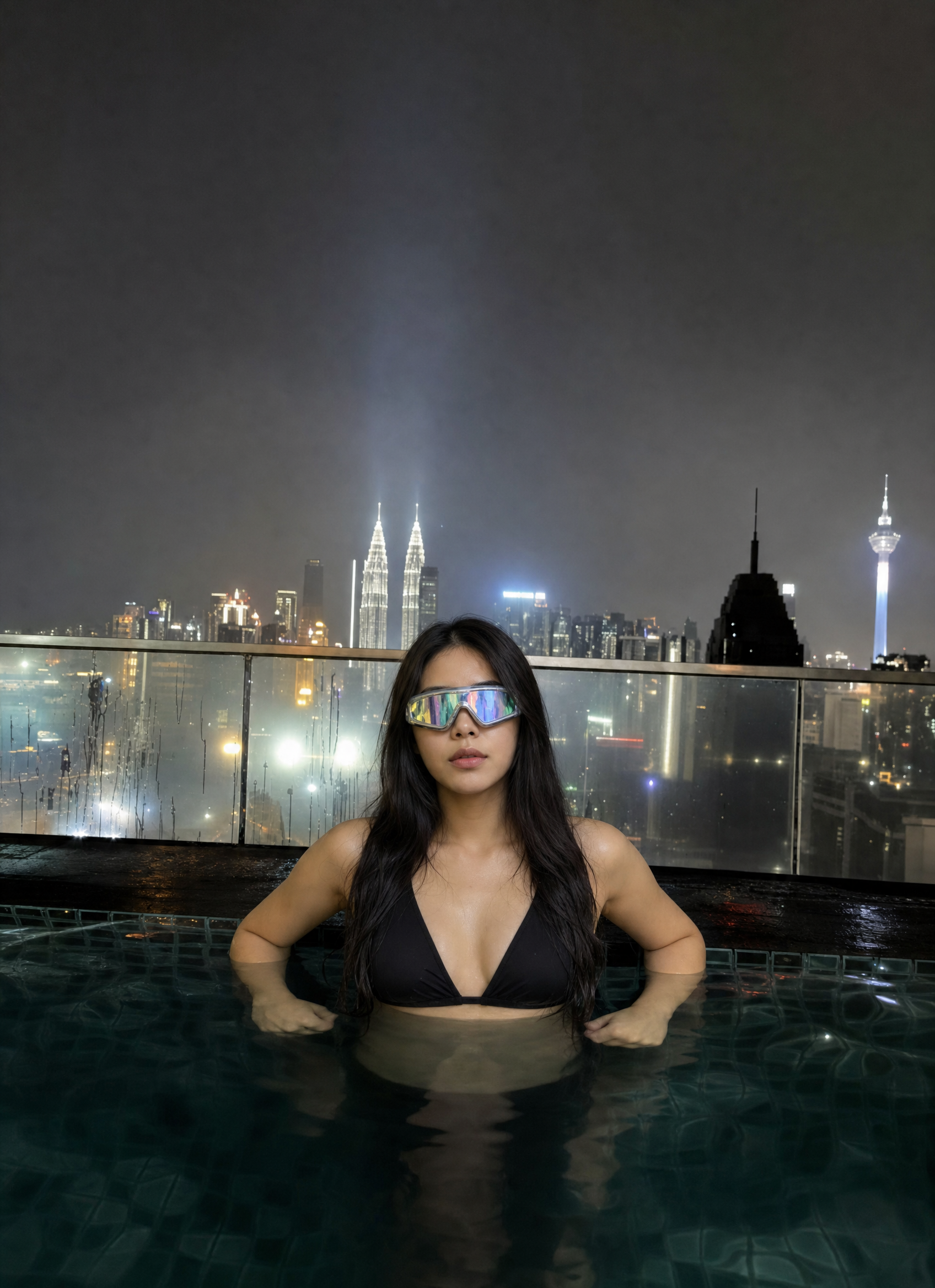Woman in Rooftop Pool at Night