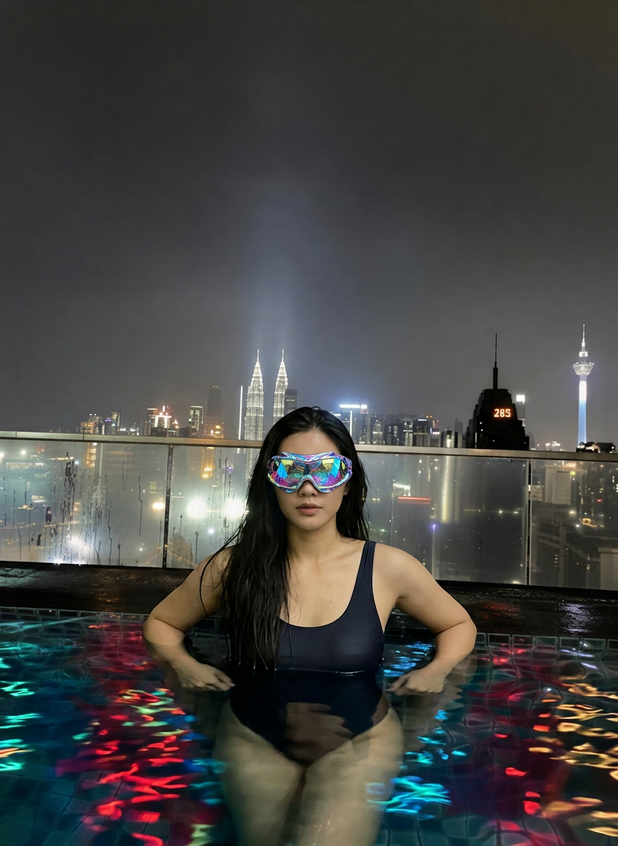 Woman in Rooftop Pool at Night