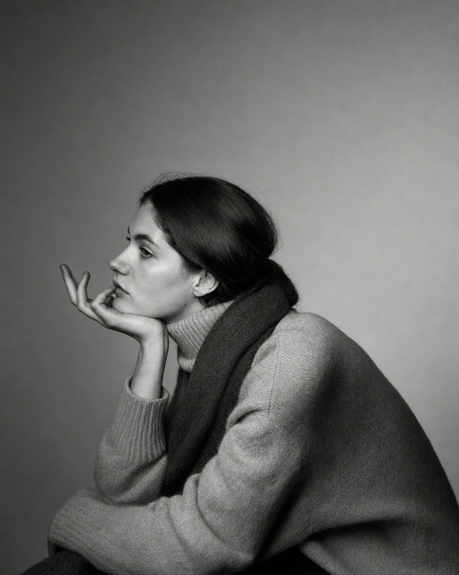 Woman in Side Profile with Gray Turtleneck