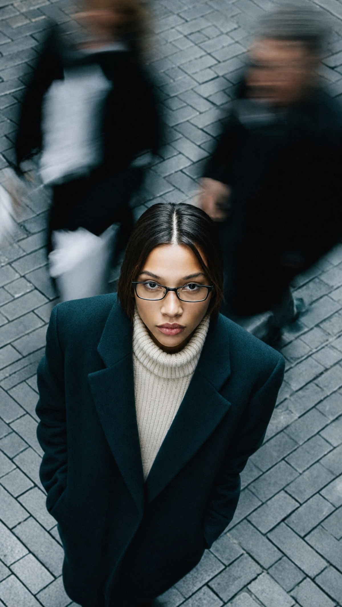 Woman in teal coat with rectangular glasses above street