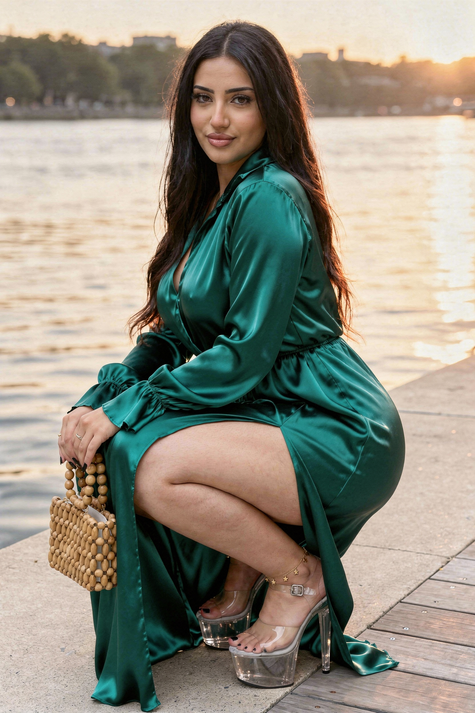 Woman in teal pleated dress by riverbank