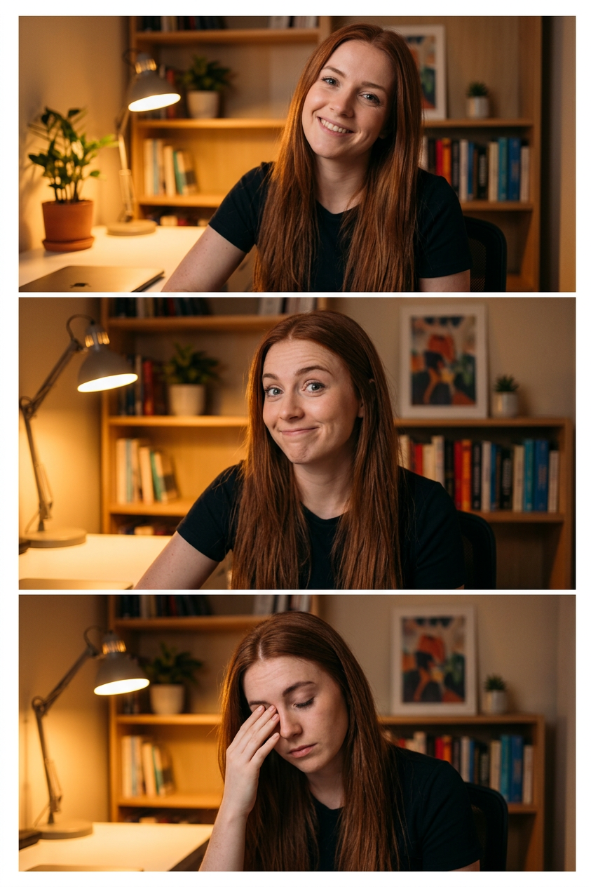 Woman in Three Evening Webcam Frames