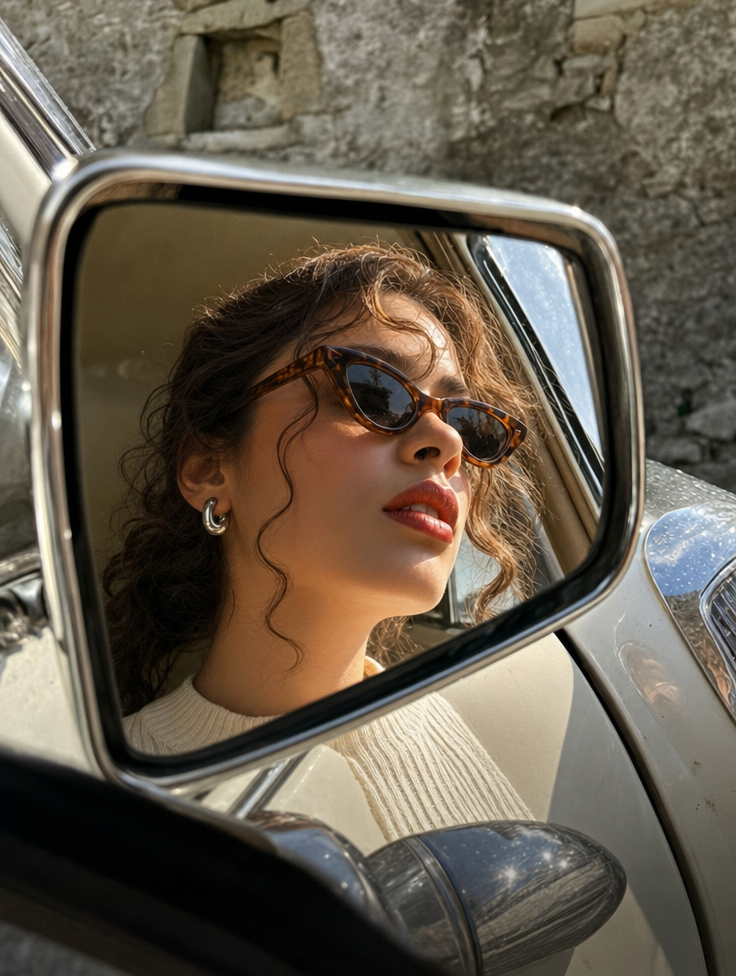 Woman in vintage mirror at gold hour