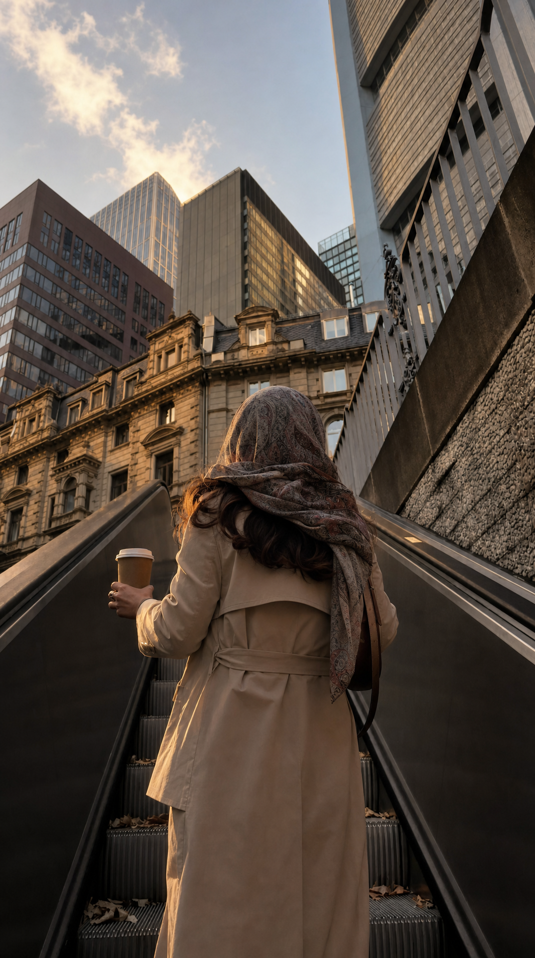 Woman on outdoor escalator in beige trench