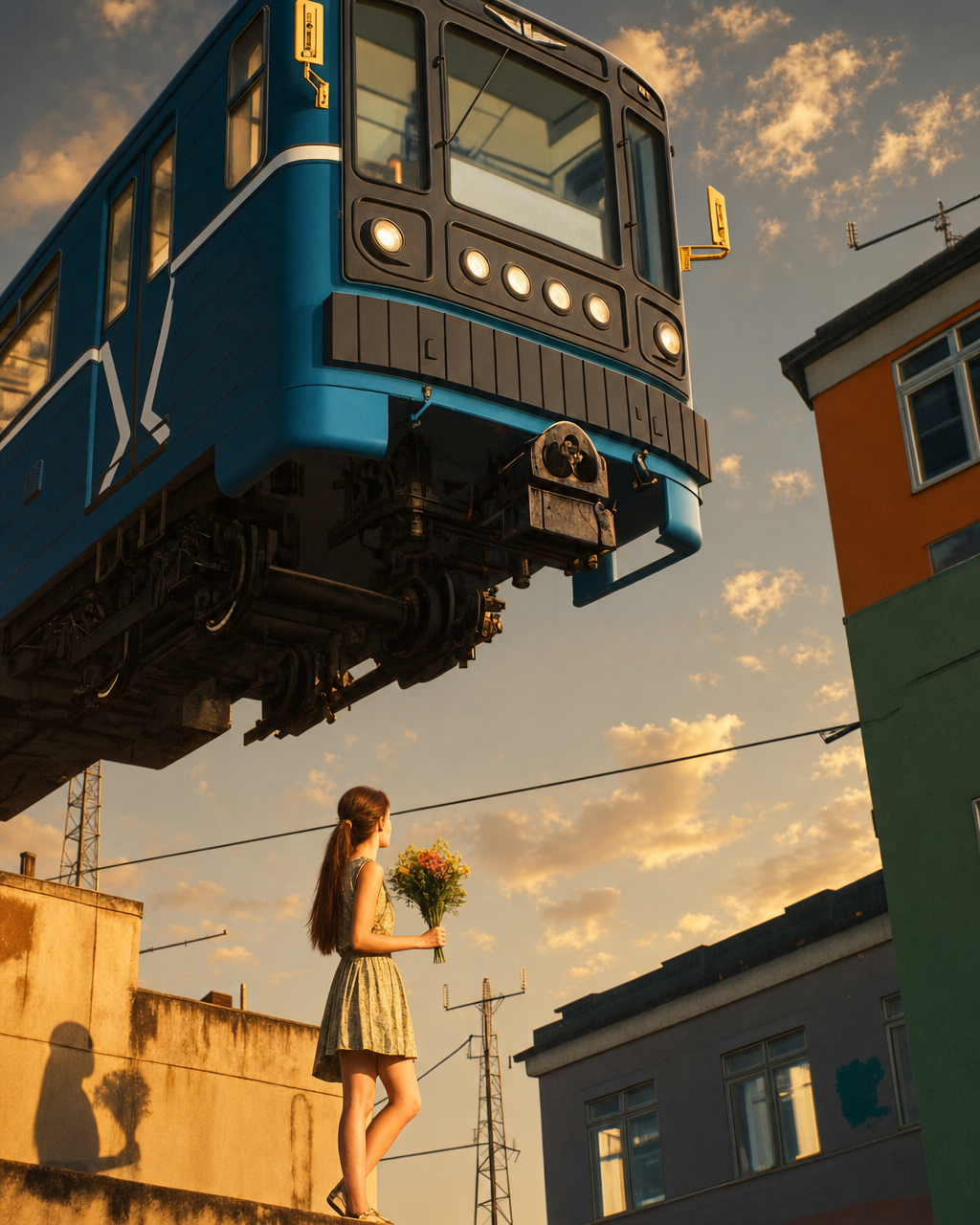 Woman on rooftop under suspended blue train
