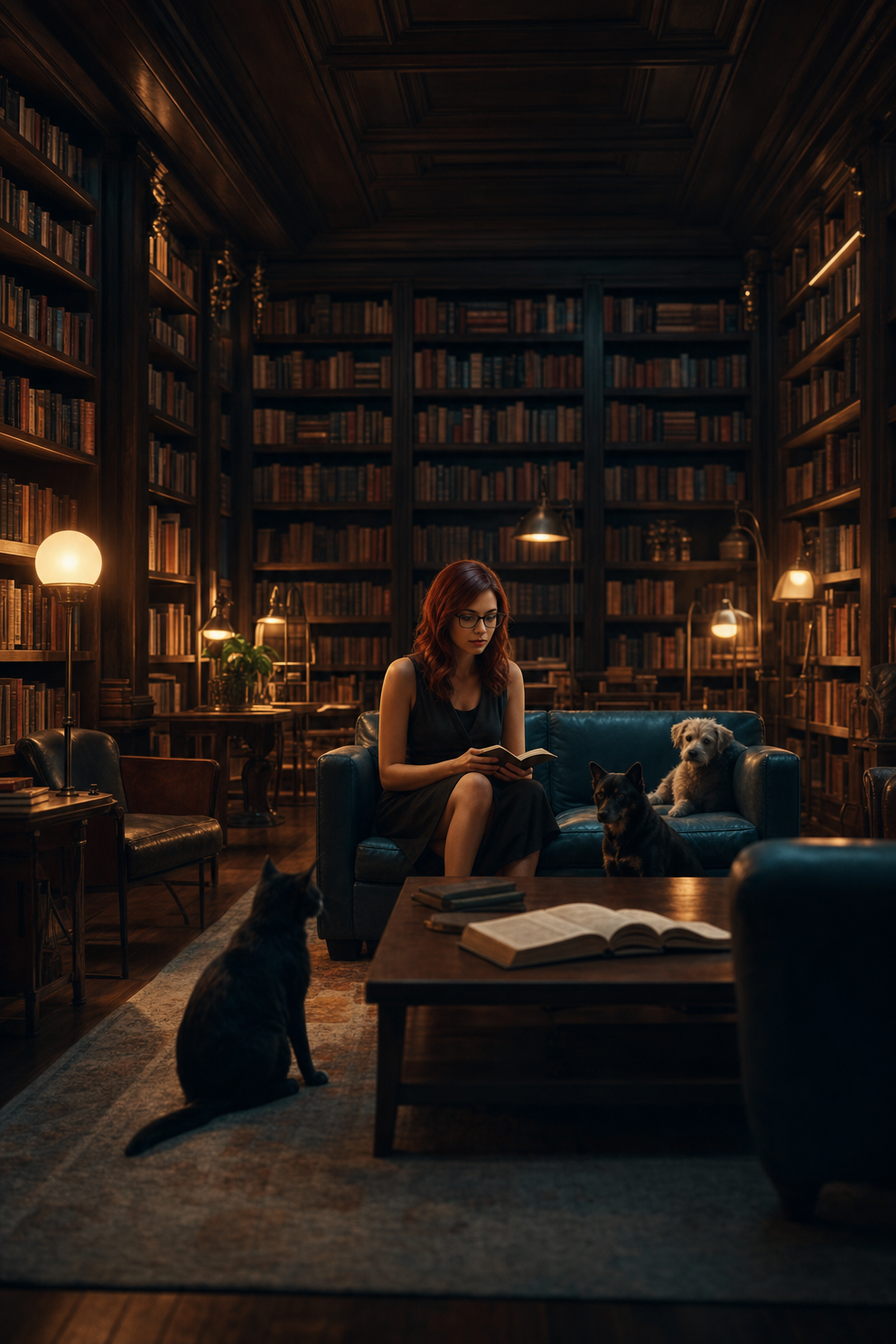 Woman reading as dogs rest nearby