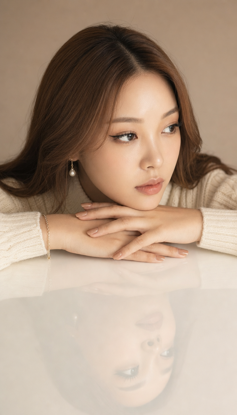 Serene East Asian Woman in Warm Studio Light