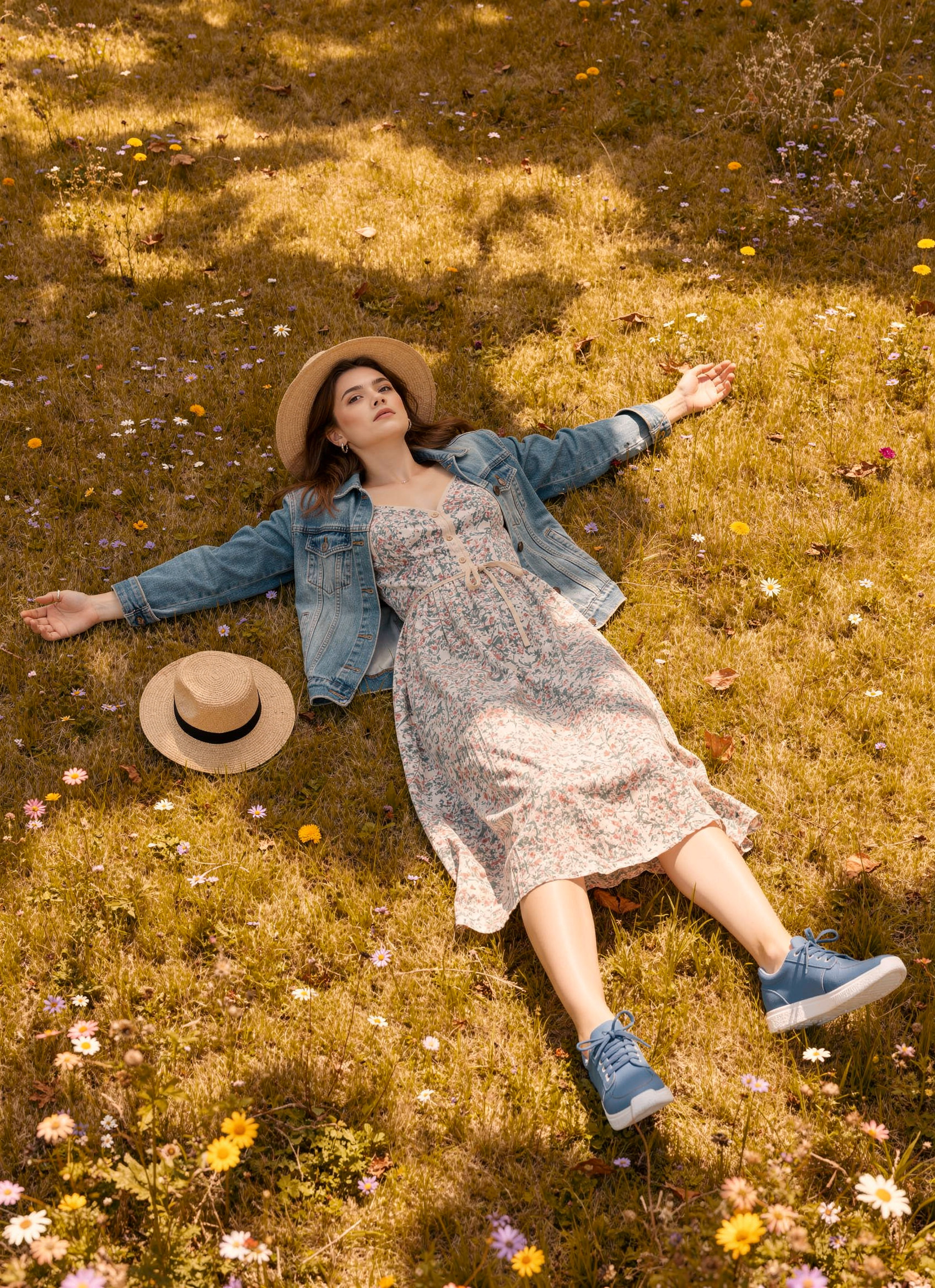 Woman Relaxing in Golden Autumn Field