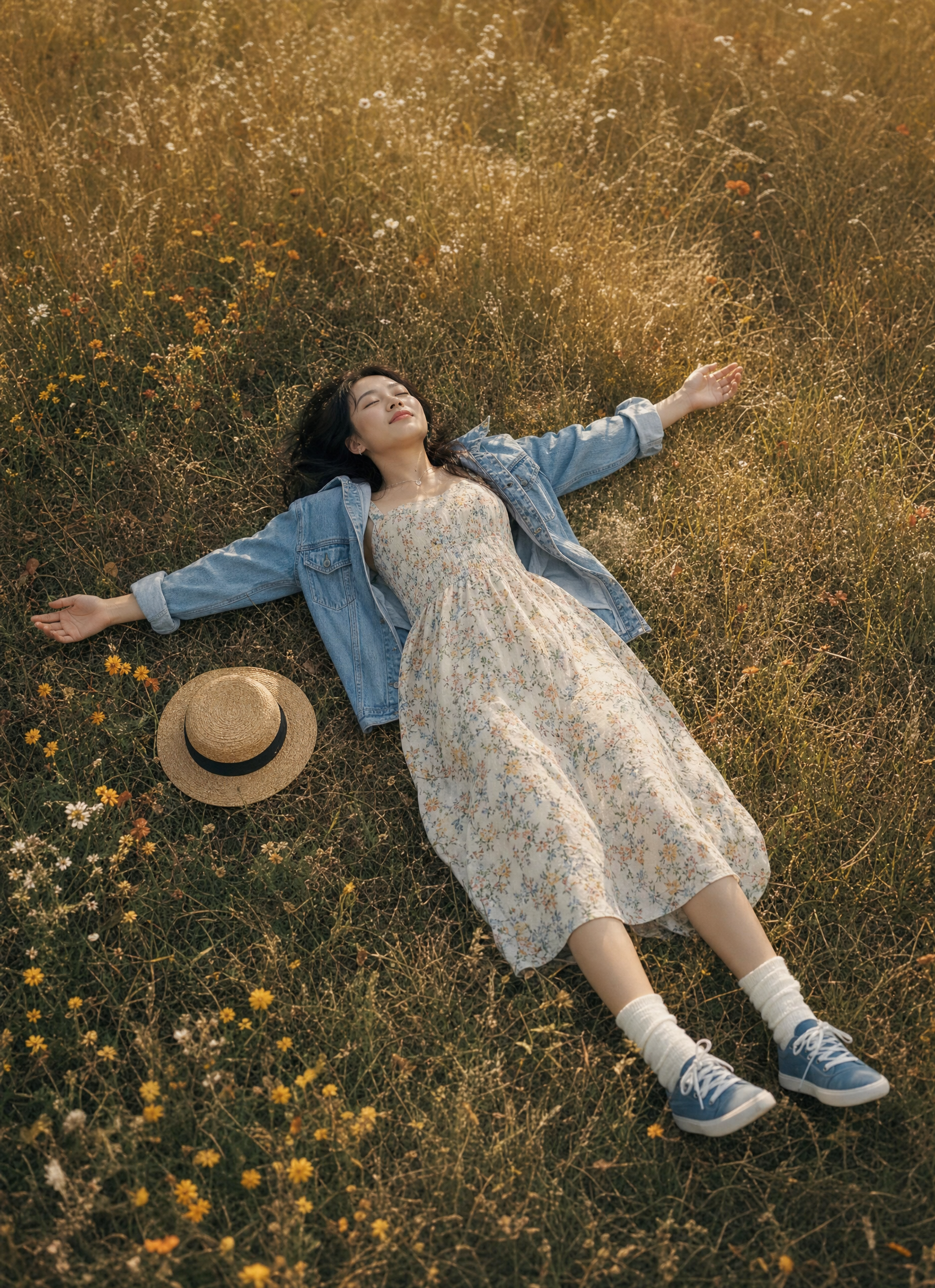 Woman Relaxing in Golden Autumn Field