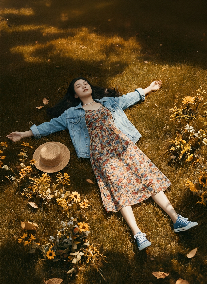 Woman Relaxing in Golden Autumn Field