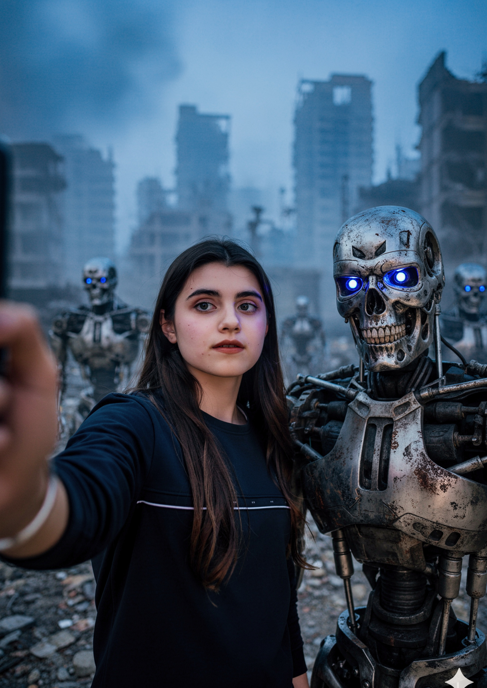 Woman's Selfie with Blue-Eyed Robot Sentinel