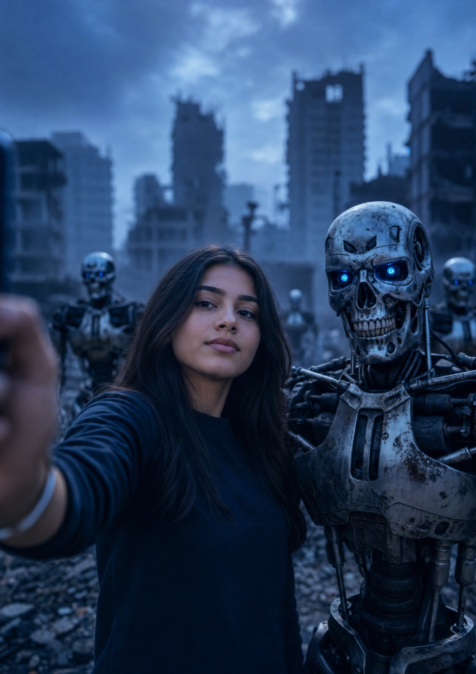 Woman's Selfie with Blue-Eyed Robot Sentinel