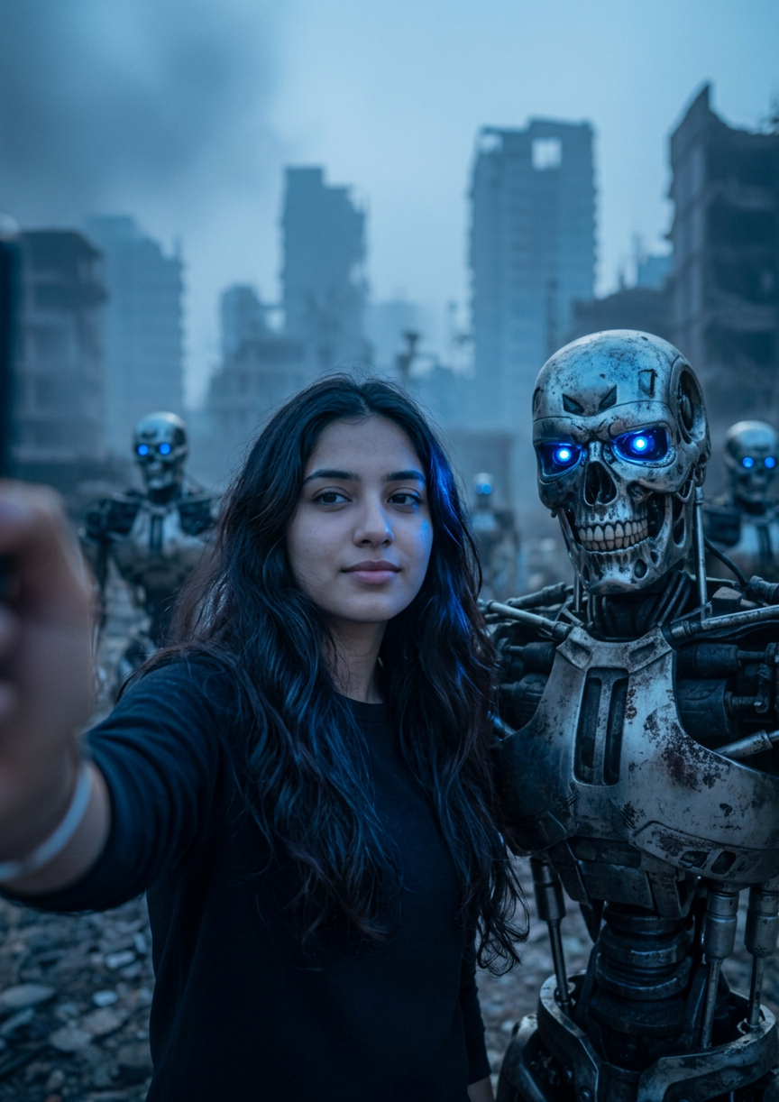 Woman's Selfie with Blue-Eyed Robot Sentinel