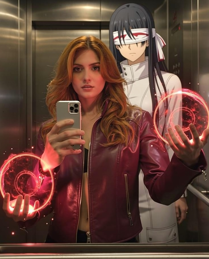Woman's Selfie with Crimson-Powered Anime Guardian