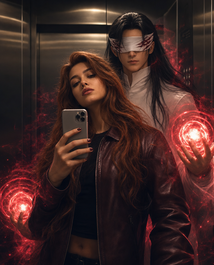 Woman's Selfie with Crimson-Powered Anime Guardian