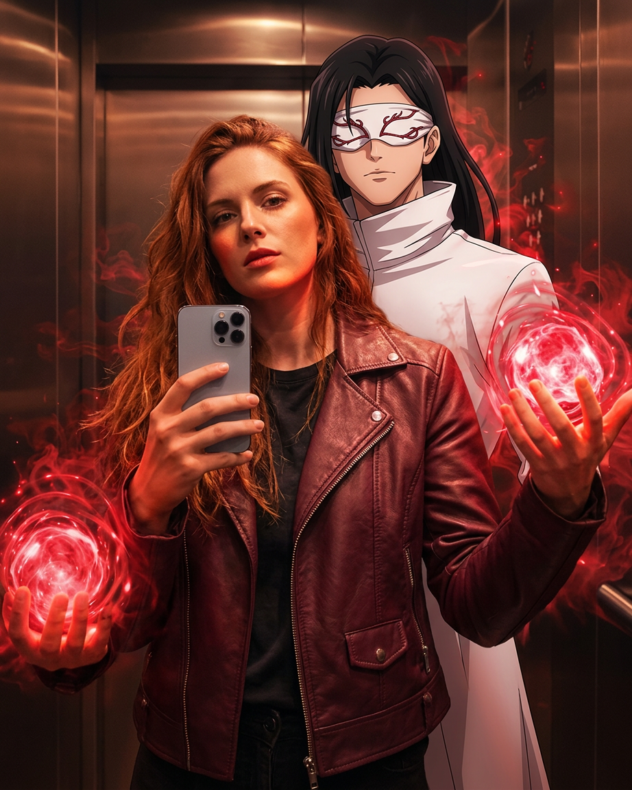Woman's Selfie with Crimson-Powered Anime Guardian