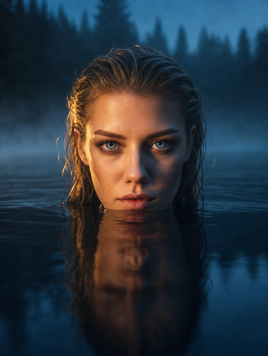 Woman submerged in murky water with icy eyes