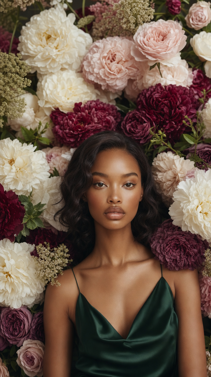 Woman in Emerald Among Jewel-Toned Blooms