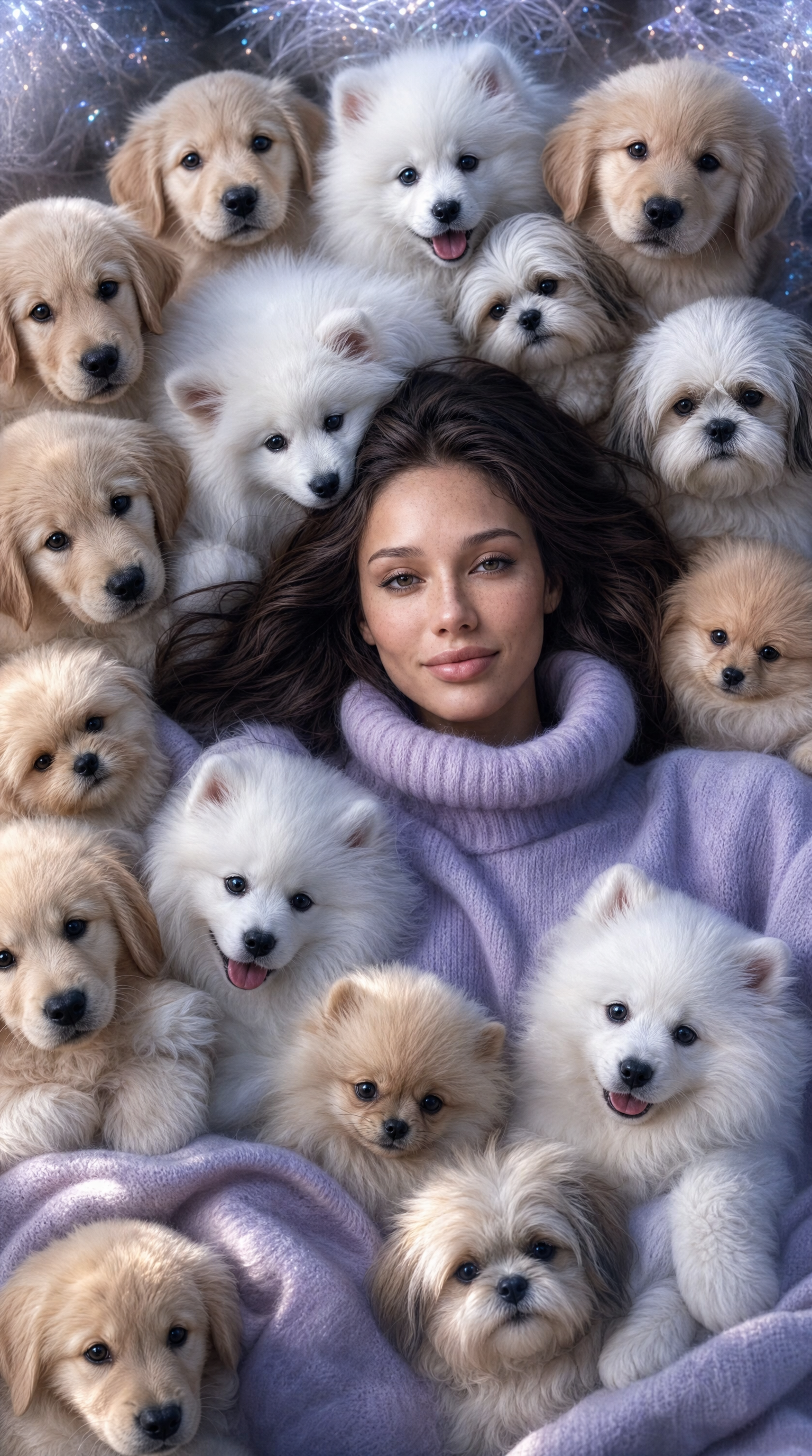 Woman Surrounded by Fluffy Puppies in Lavender