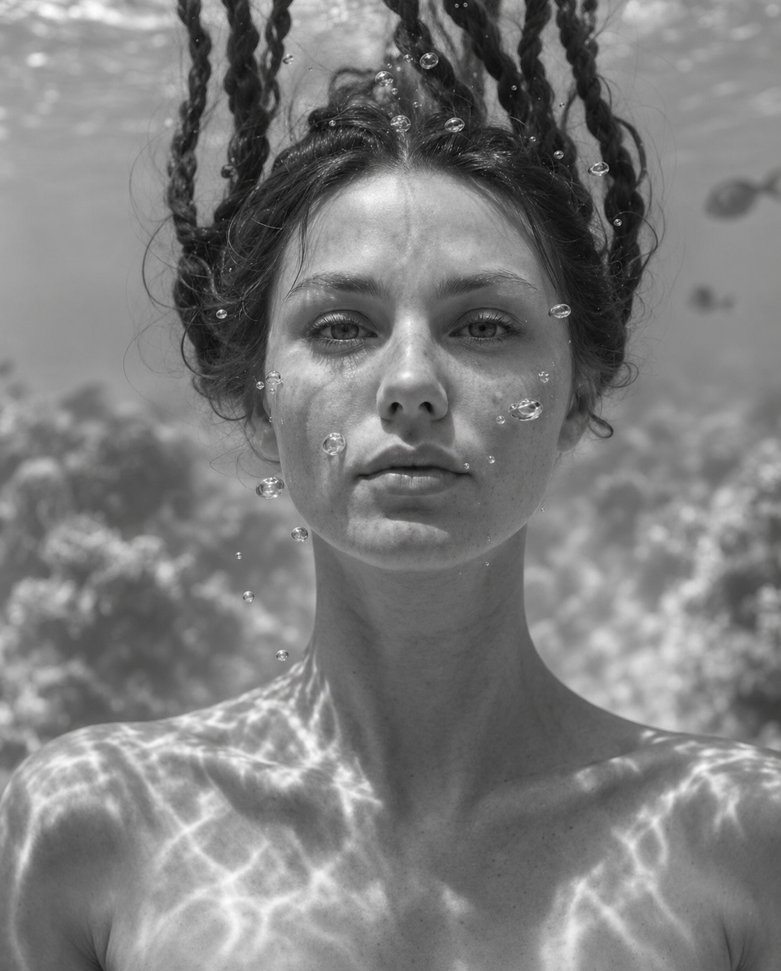 Woman underwater portrait with braided hair emerging