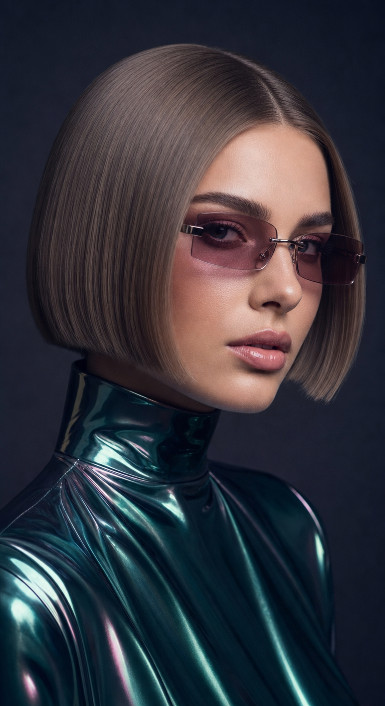 Woman with ash-brown bob and rose sunglasses