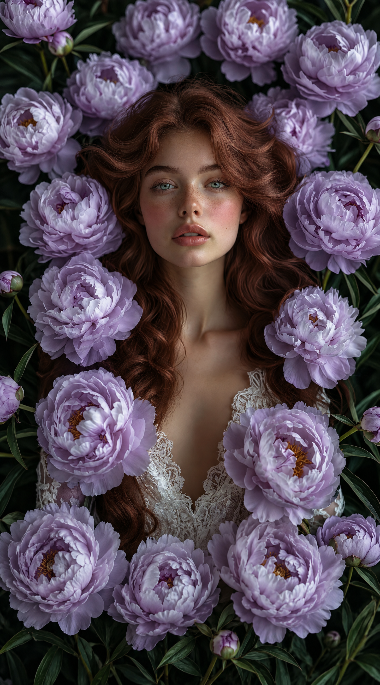 Woman with auburn wavy hair, lavender peonies