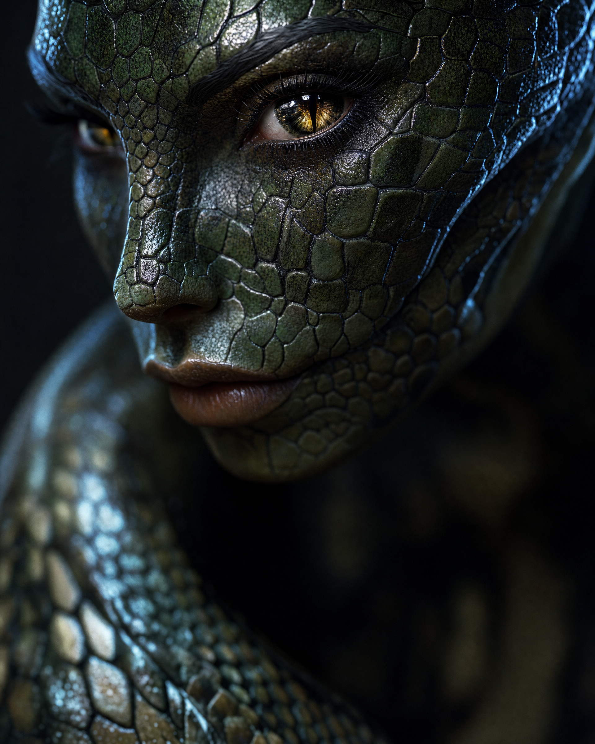 Woman with emerald reptile scales and amber eye