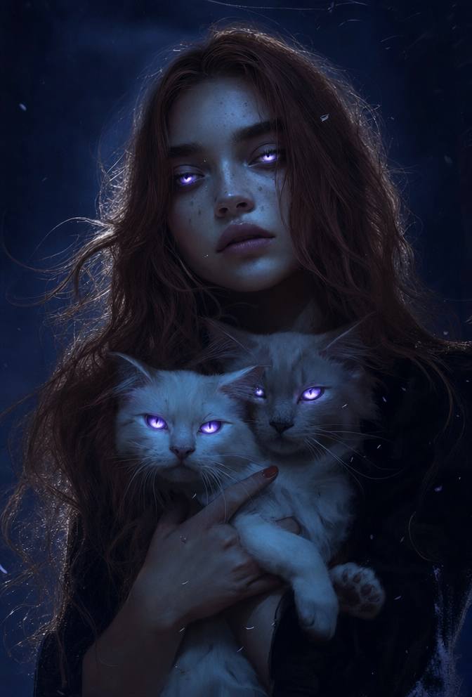 Mystical Woman with Violet Eyes and Cats