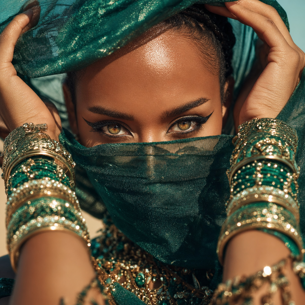 Woman with hazel eyes and emerald silk veil