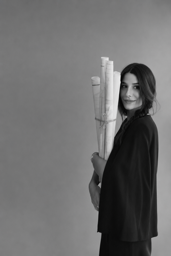 Woman with low braid holding rolled blueprints