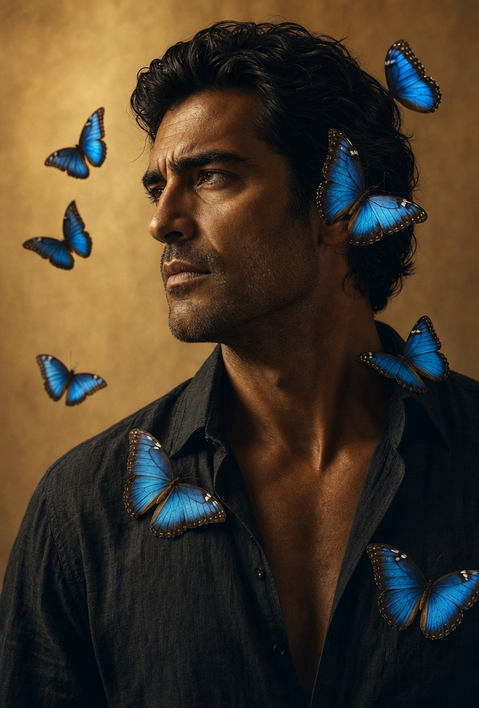 Man with Morpho Butterflies in Three-Quarter Light