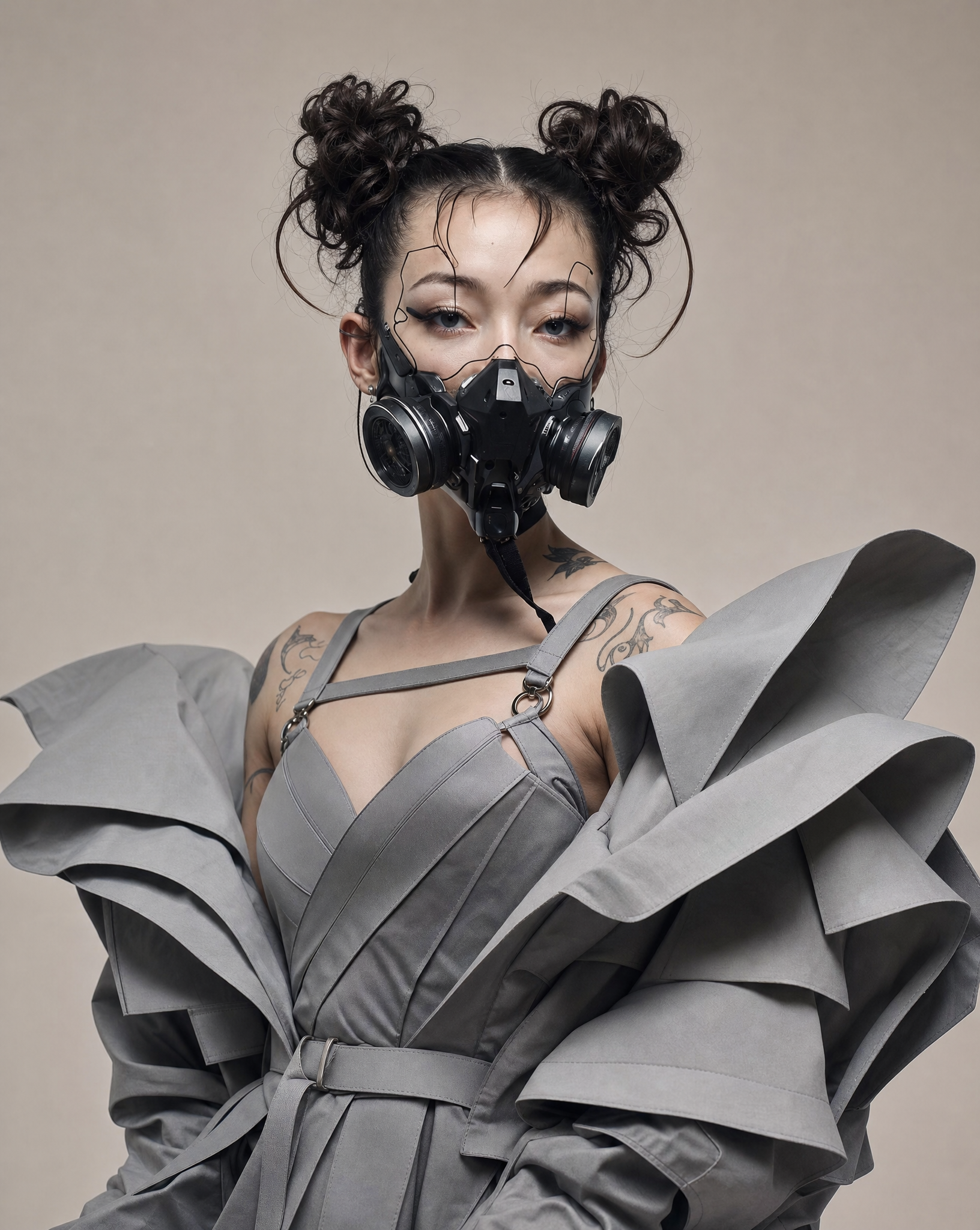 Woman with respirator mask and ash-gray sculptural outfit