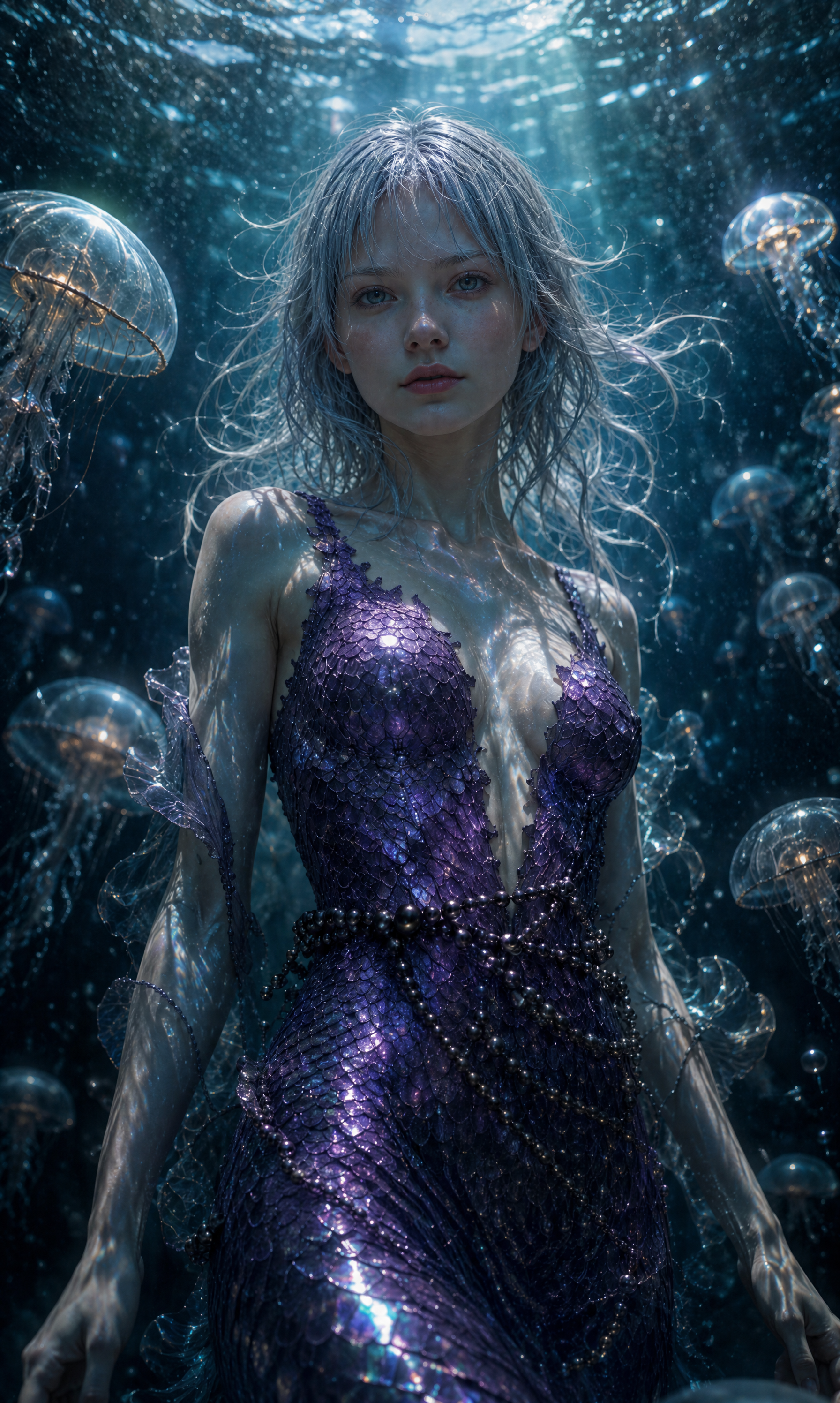 Woman with silver hair and deep-purple crystal dress underwater
