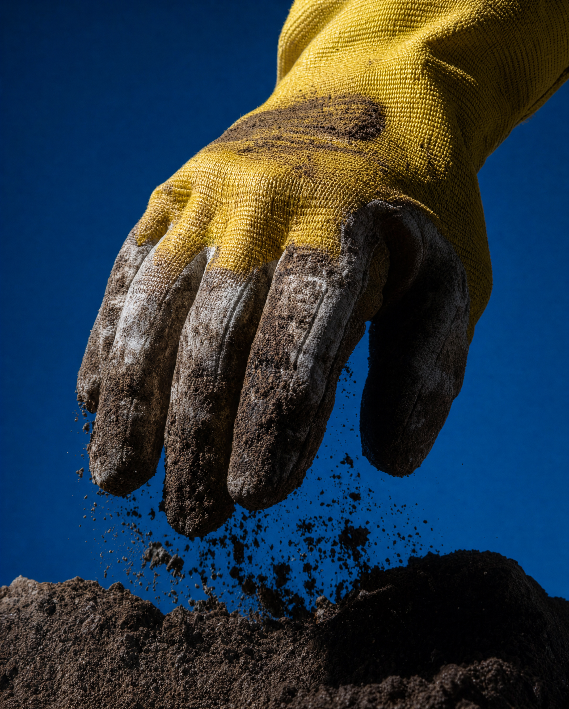 Yellow glove crushing dark soil