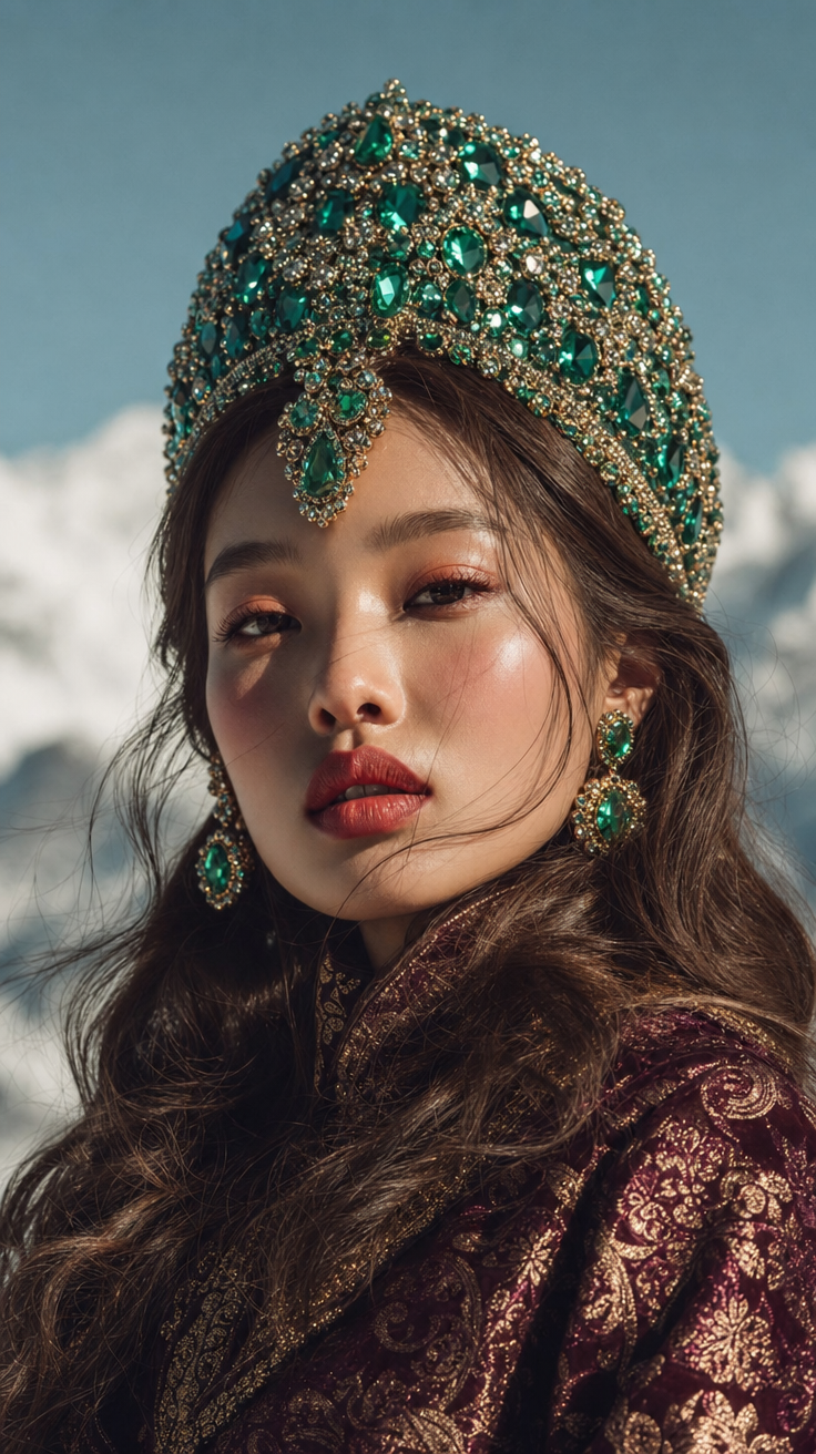 Young Asian Woman in Emerald Jeweled Headdress
