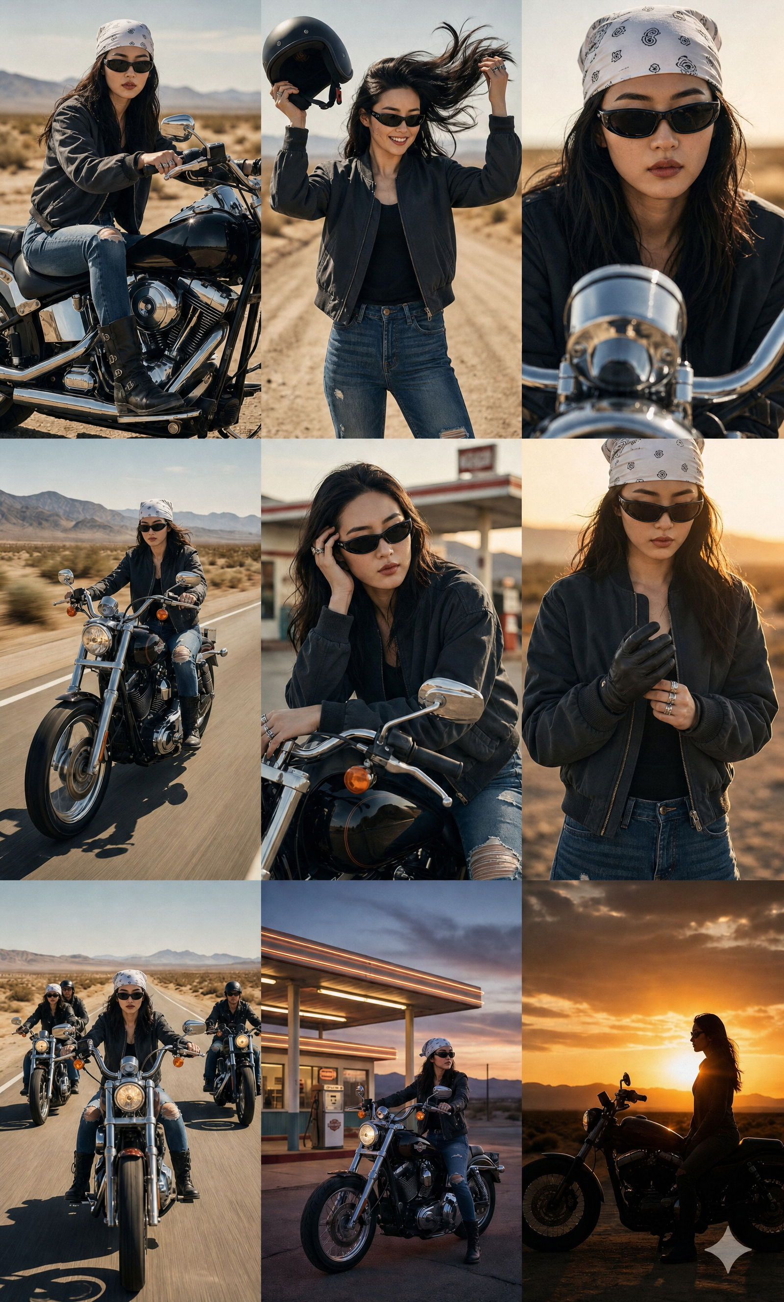 Young biker woman with white bandana, classic cruiser
