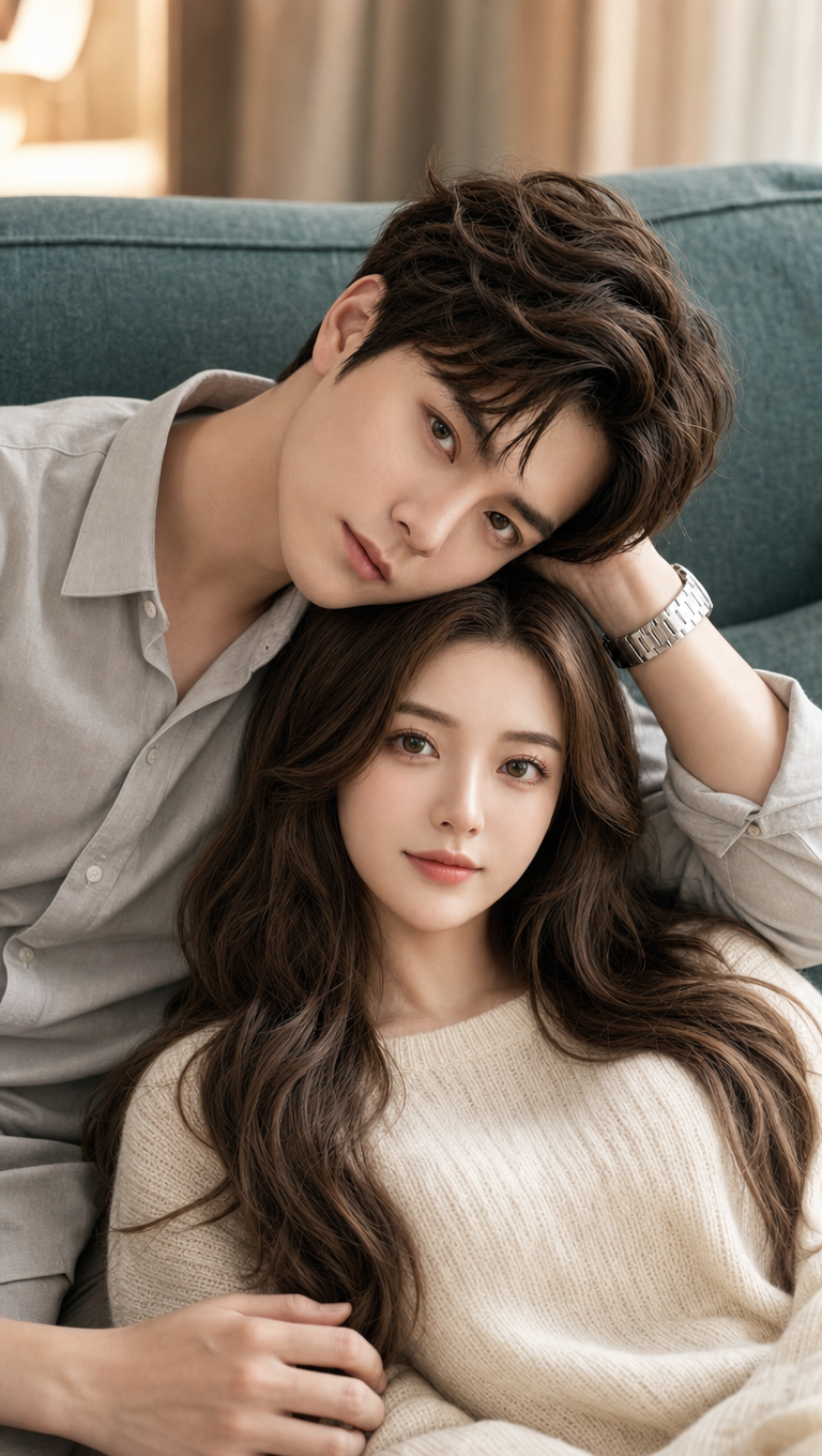 Young Couple Reclining on Teal Sofa, Cream Sweater