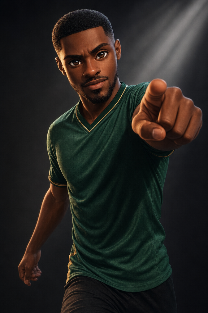 Young Ghanaian football player in green jersey point