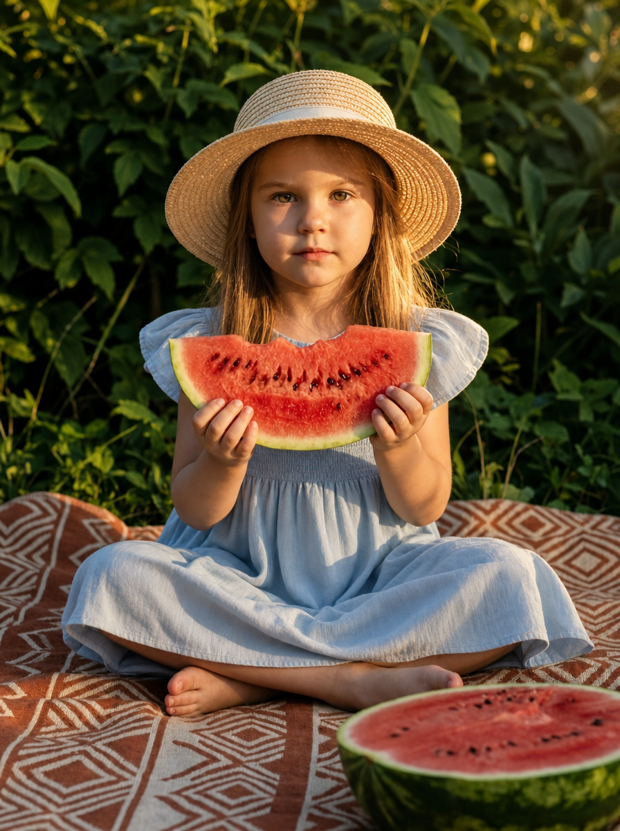 Young girl in sunlit watermelon picnic