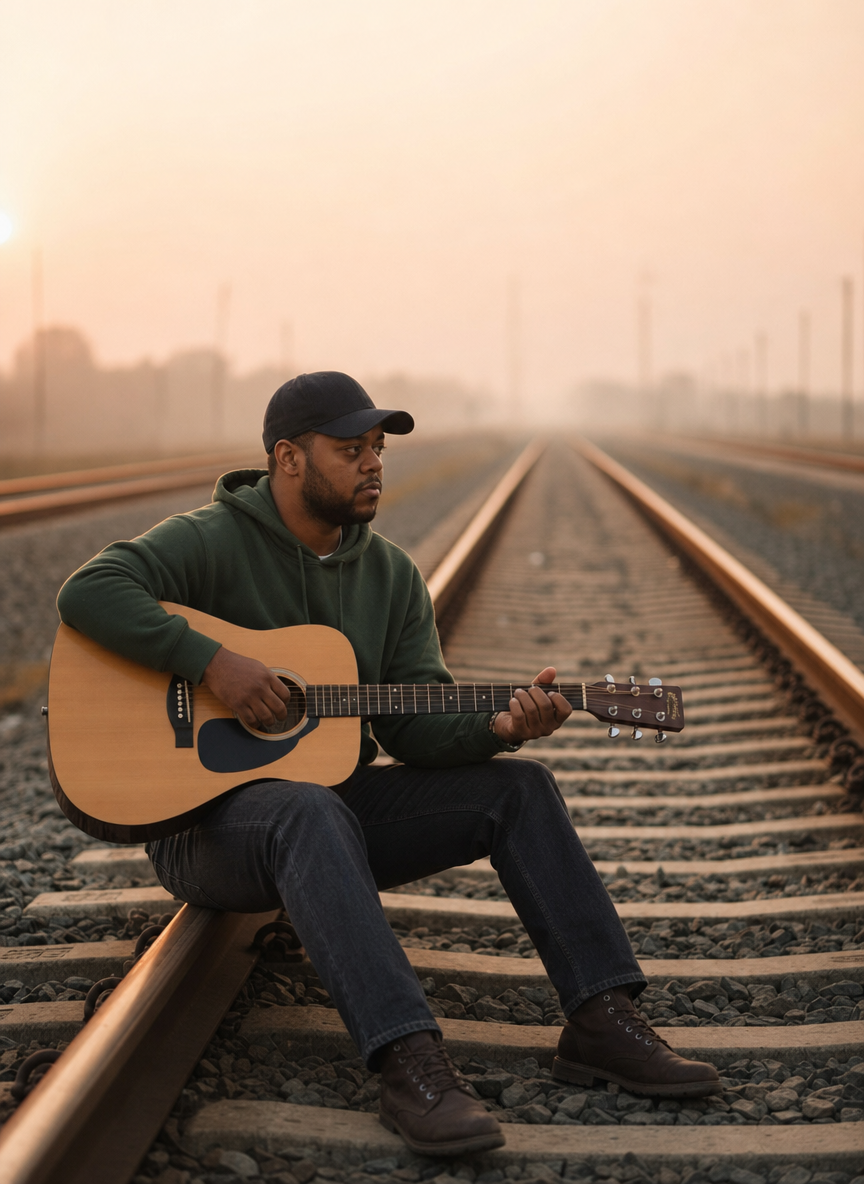 Young guitarist on tracks, cap and green hoodie