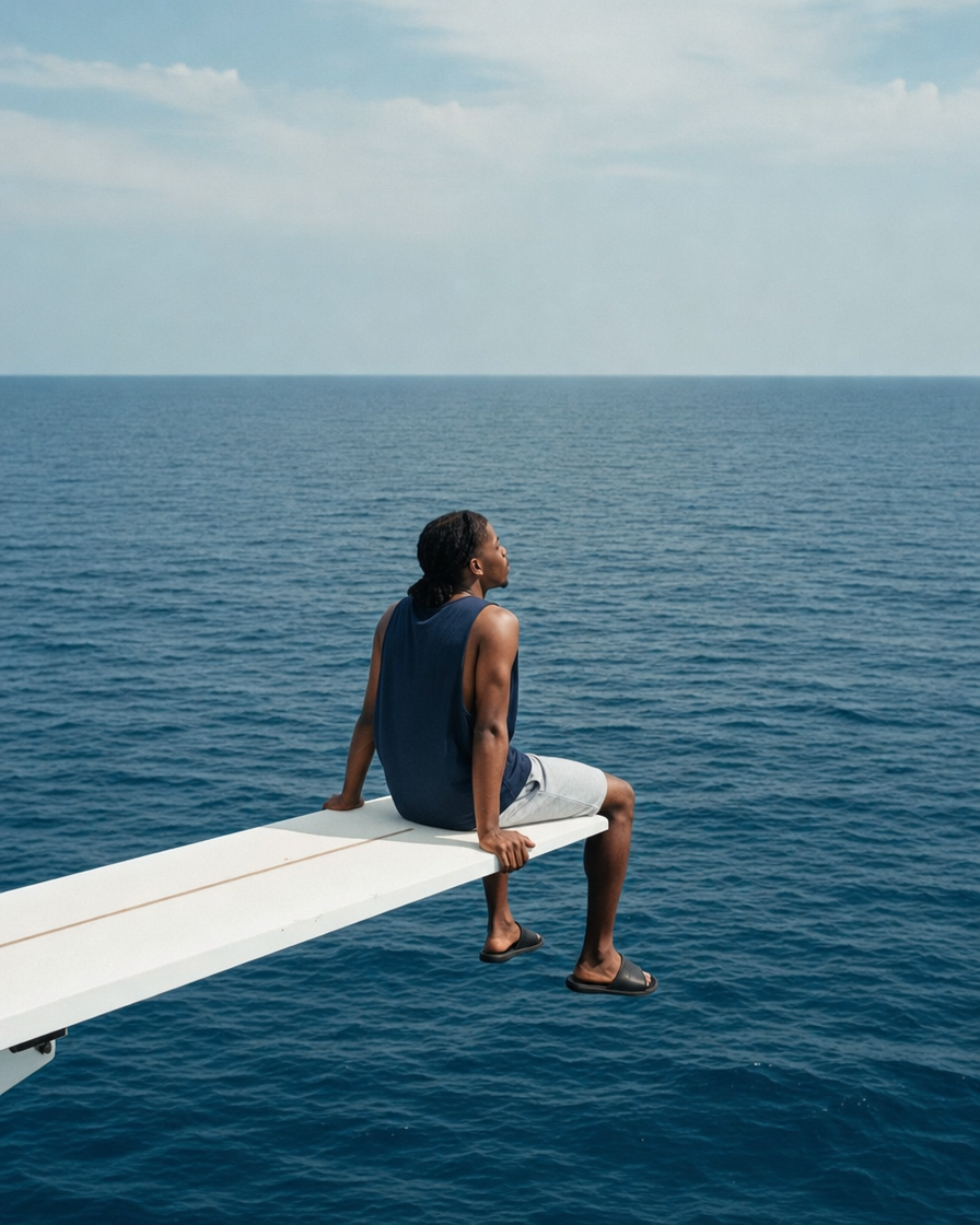 Young man adrift on an ocean board