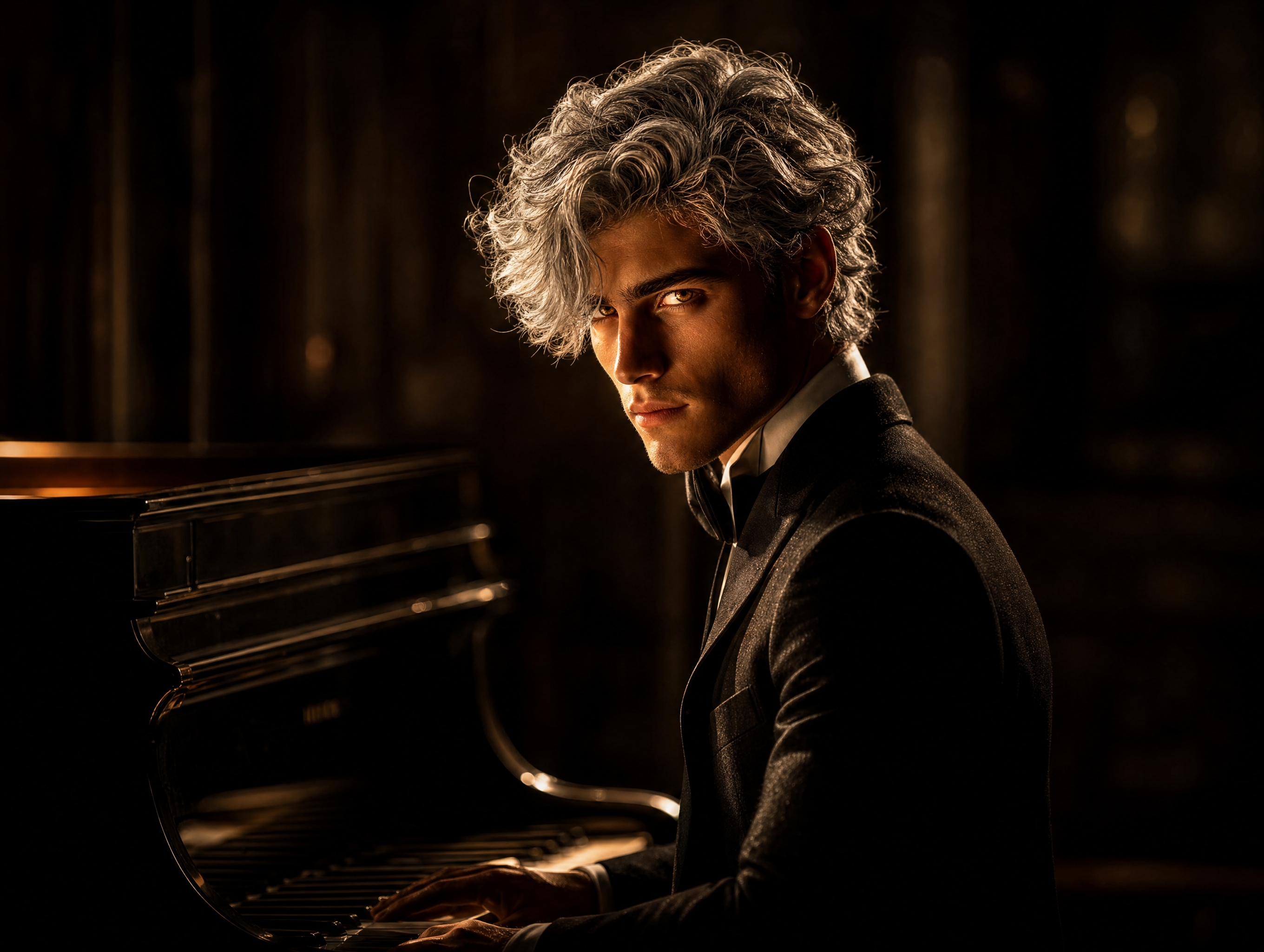 Young Man at Grand Piano, Silver Hair Amber Eyes