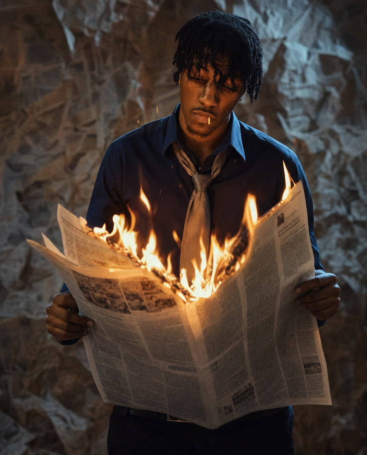 Young man holding burning newspaper, navy shirt
