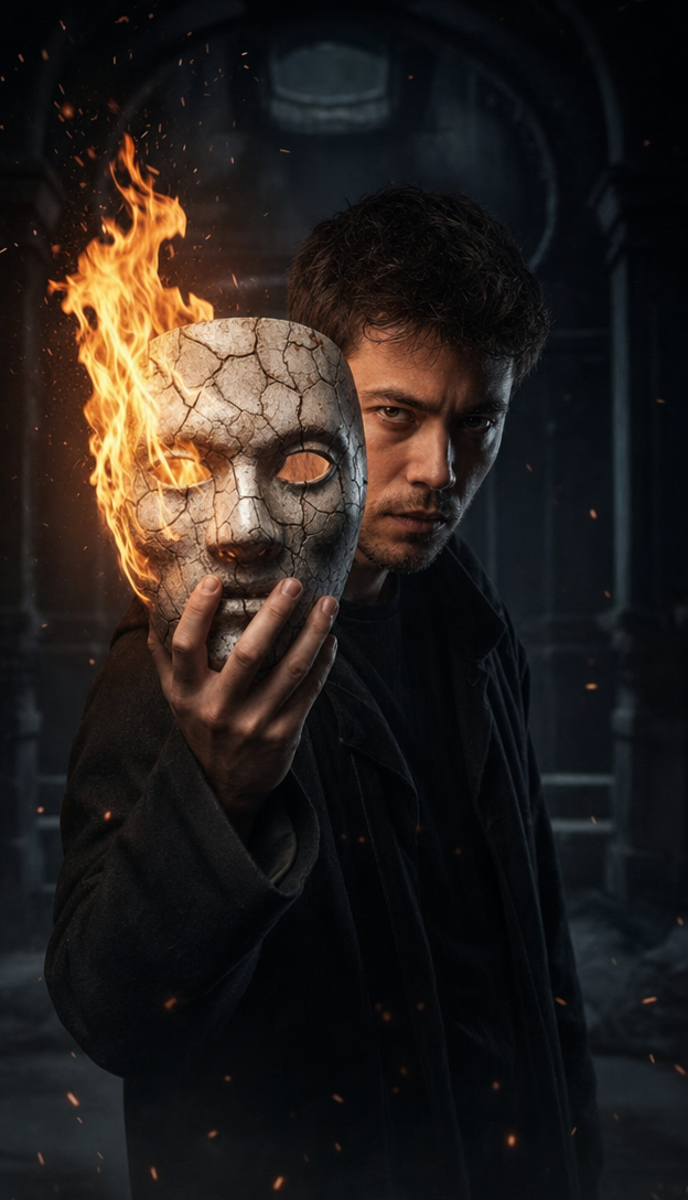 Young man holding cracked gray burning mask