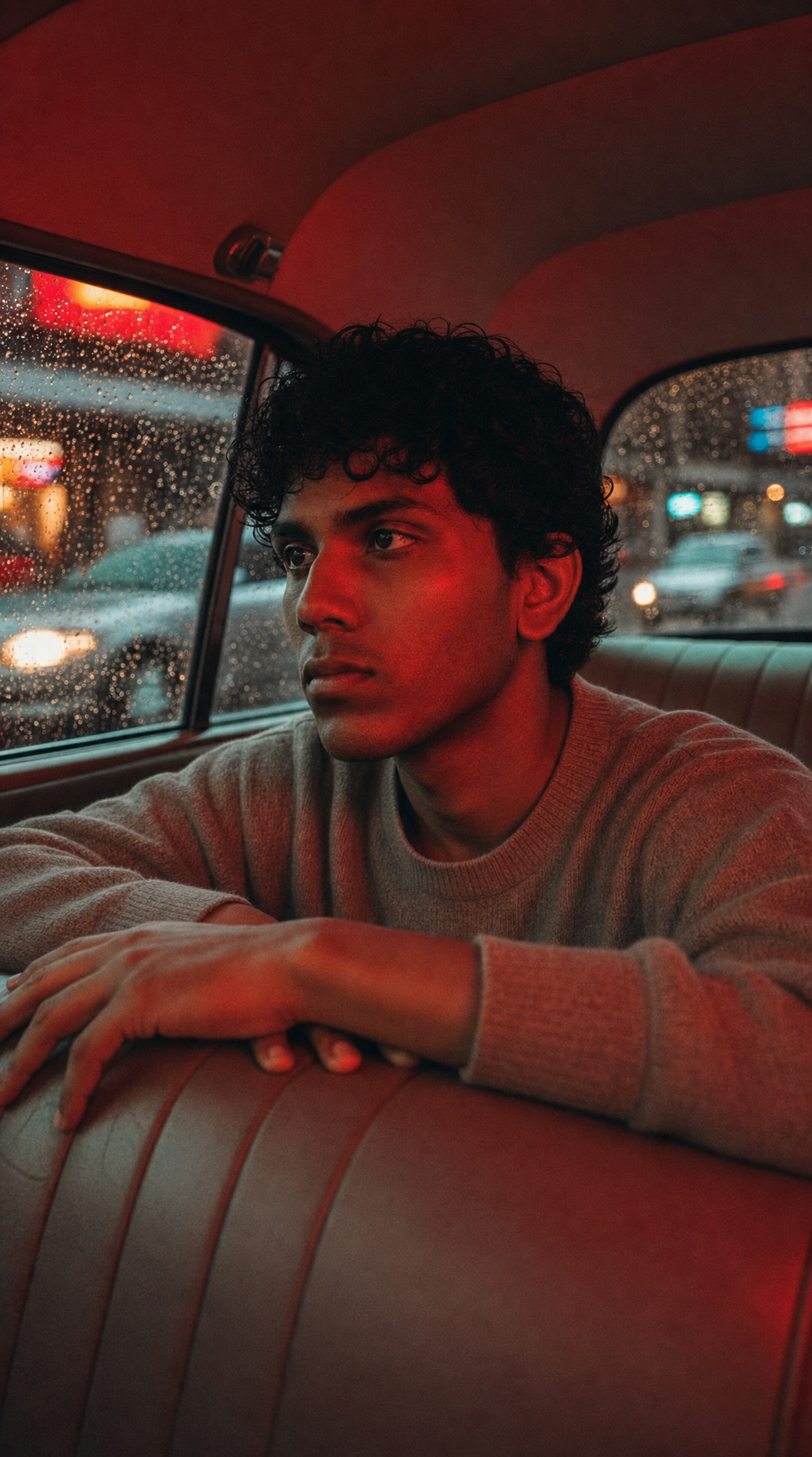 Young man in back seat, grey sweater, neon rain