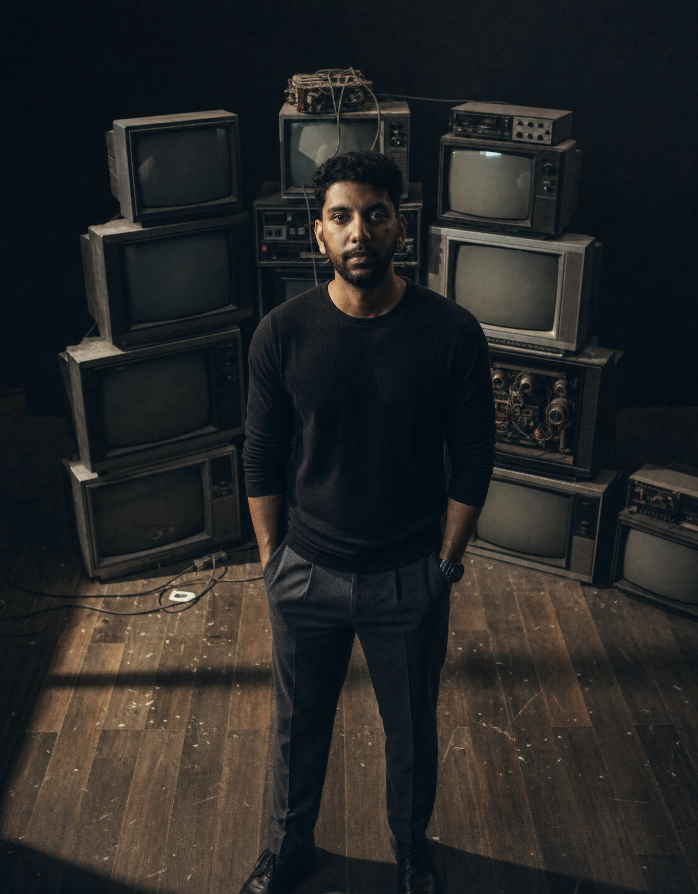 Young man in black long-sleeve with CRT stacks