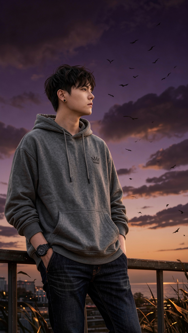 Young man in charcoal hoodie at purple dusk