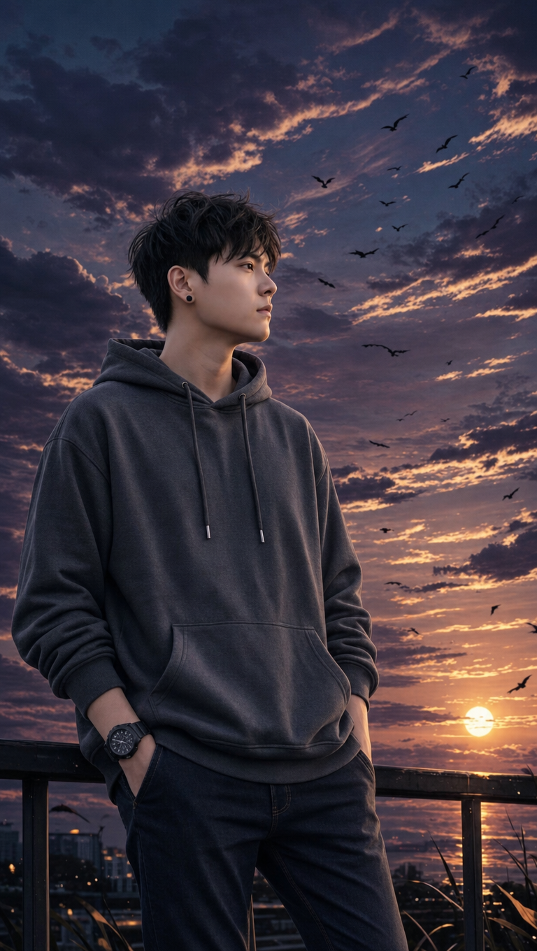 Young man in charcoal hoodie at purple dusk