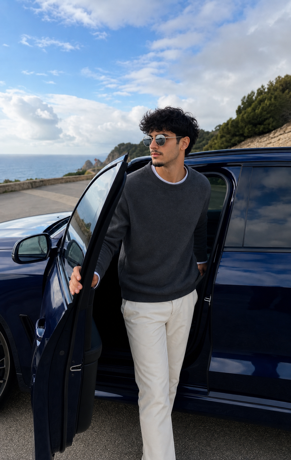 Young man in charcoal sweatshirt by dark-blue SUV